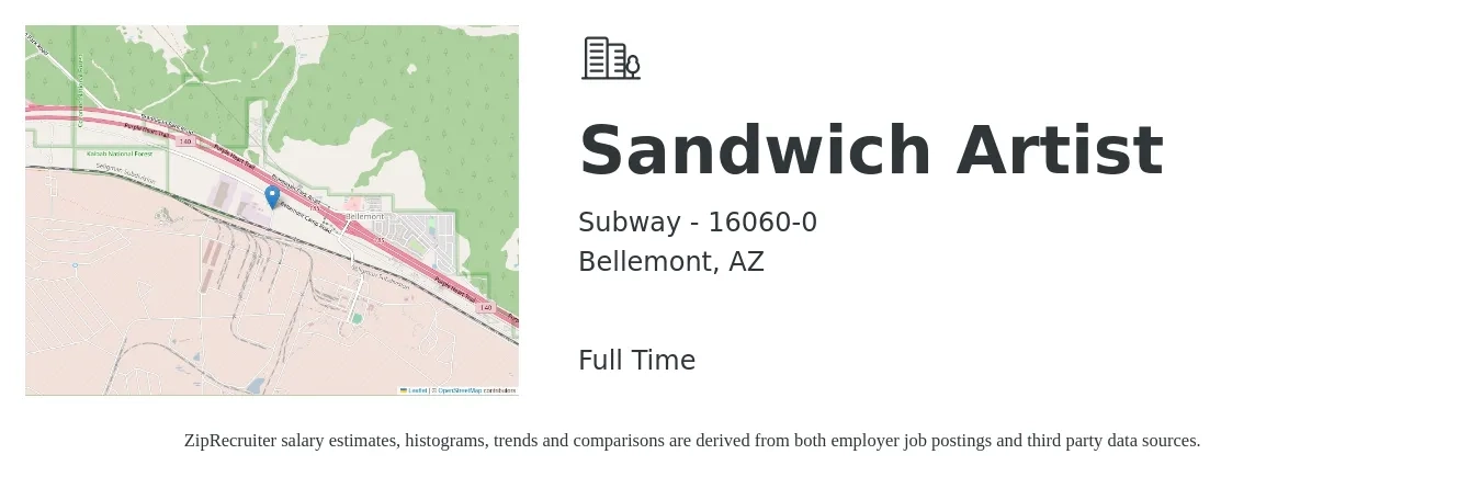 Subway - 16060-0 job posting for a Sandwich Artist in Bellemont, AZ with a salary of $10 to $13 Hourly with a map of Bellemont location.