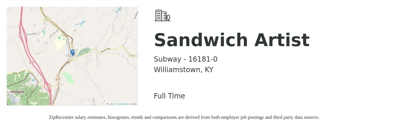 Subway - 16181-0 job posting for a Sandwich Artist in Williamstown, KY with a salary of $10 to $13 Hourly with a map of Williamstown location.