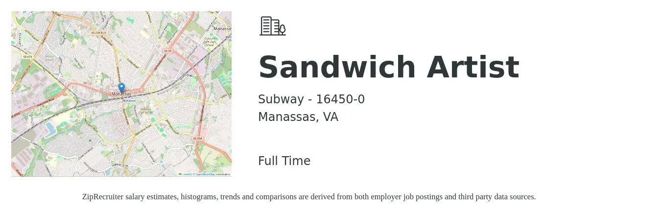 Subway - 16450-0 job posting for a Sandwich Artist in Manassas, VA with a salary of $11 to $13 Hourly with a map of Manassas location.