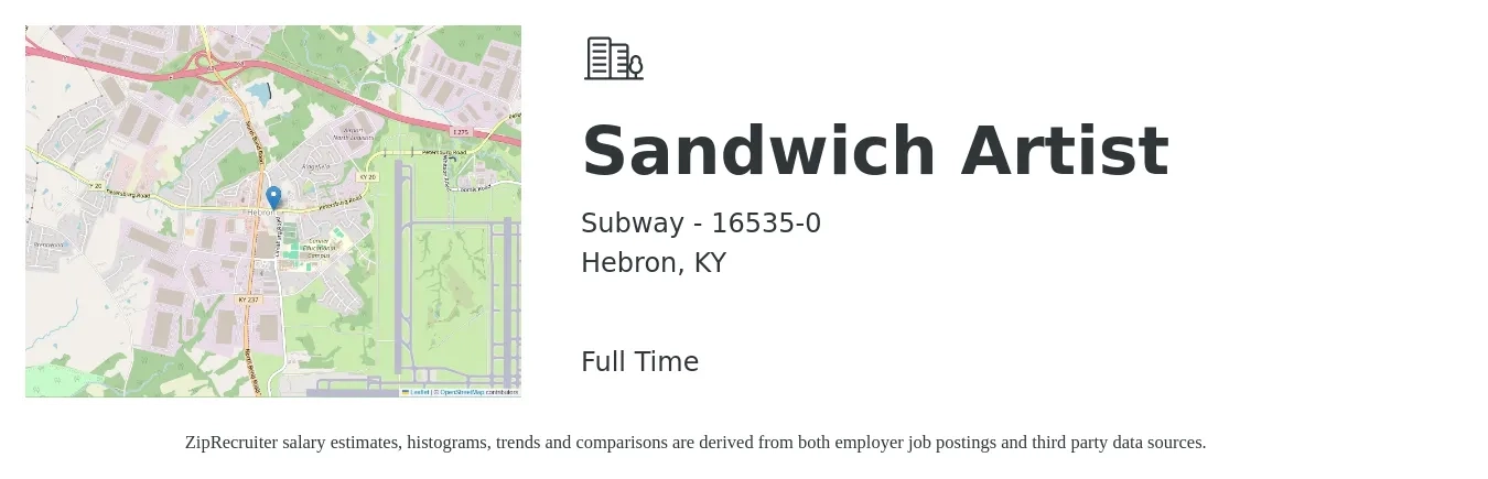 Subway - 16535-0 job posting for a Sandwich Artist in Hebron, KY with a salary of $11 to $14 Hourly with a map of Hebron location.
