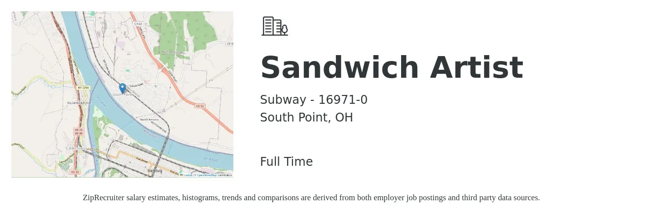 Subway - 16971-0 job posting for a Sandwich Artist in South Point, OH with a salary of $9 to $12 Hourly with a map of South Point location.