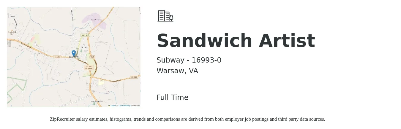Subway - 16993-0 job posting for a Sandwich Artist in Warsaw, VA with a salary of $10 to $13 Hourly with a map of Warsaw location.