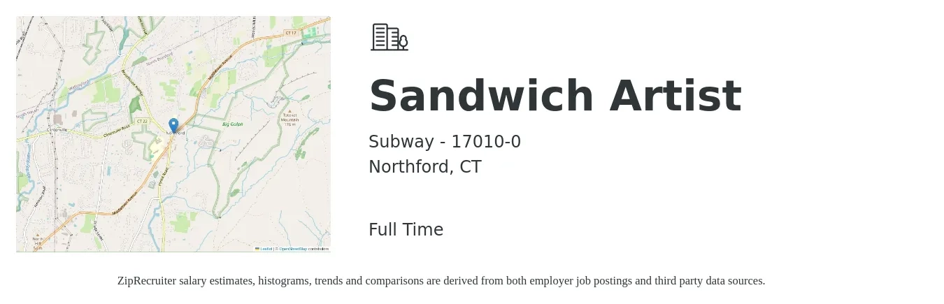 Subway - 17010-0 job posting for a Sandwich Artist in Northford, CT with a salary of $10 to $13 Hourly with a map of Northford location.