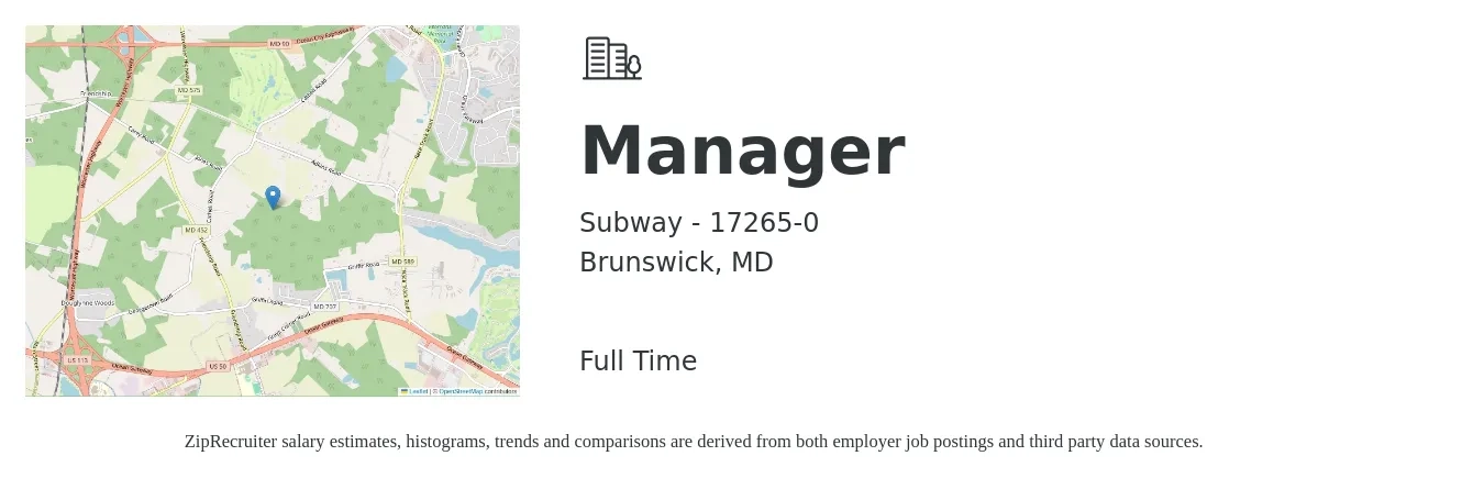 Subway - 17265-0 job posting for a Manager in Brunswick, MD with a salary of $39,800 to $64,900 Yearly with a map of Brunswick location.
