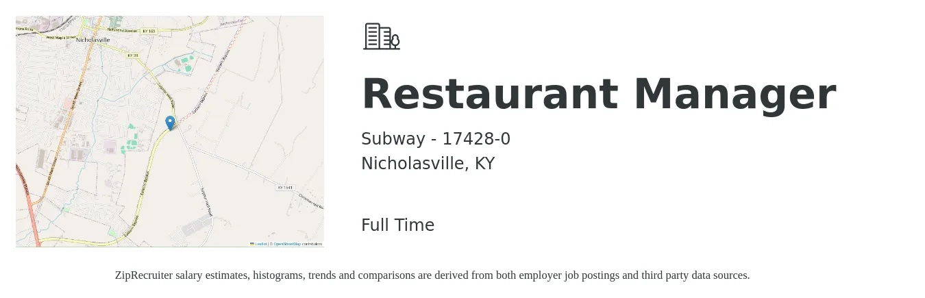 Subway - 17428-0 job posting for a Restaurant Manager in Nicholasville, KY with a salary of $39,800 to $56,100 Yearly with a map of Nicholasville location.
