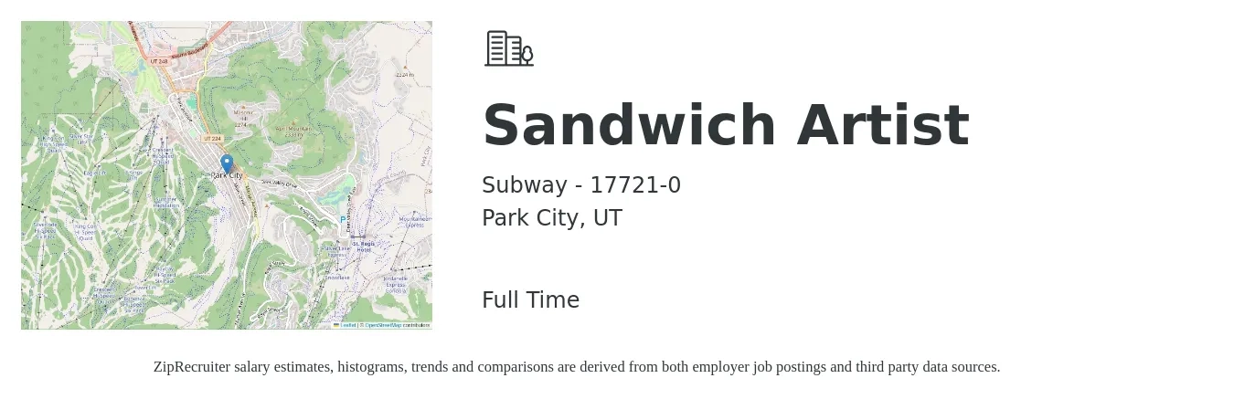 Subway - 17721-0 job posting for a Sandwich Artist in Park City, UT with a salary of $12 to $15 Hourly with a map of Park City location.