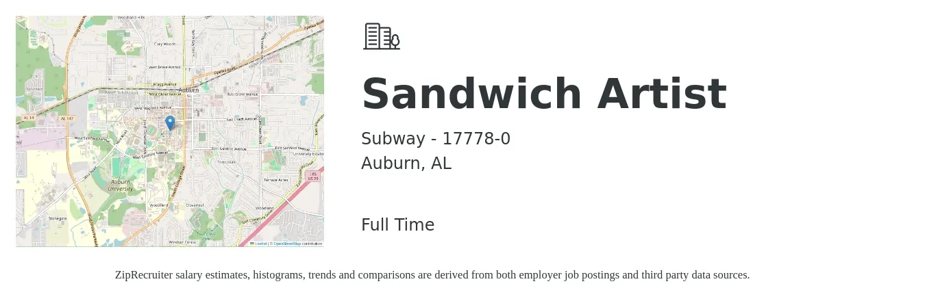 Subway - 17778-0 job posting for a Sandwich Artist in Auburn, AL with a salary of $10 to $12 Hourly with a map of Auburn location.
