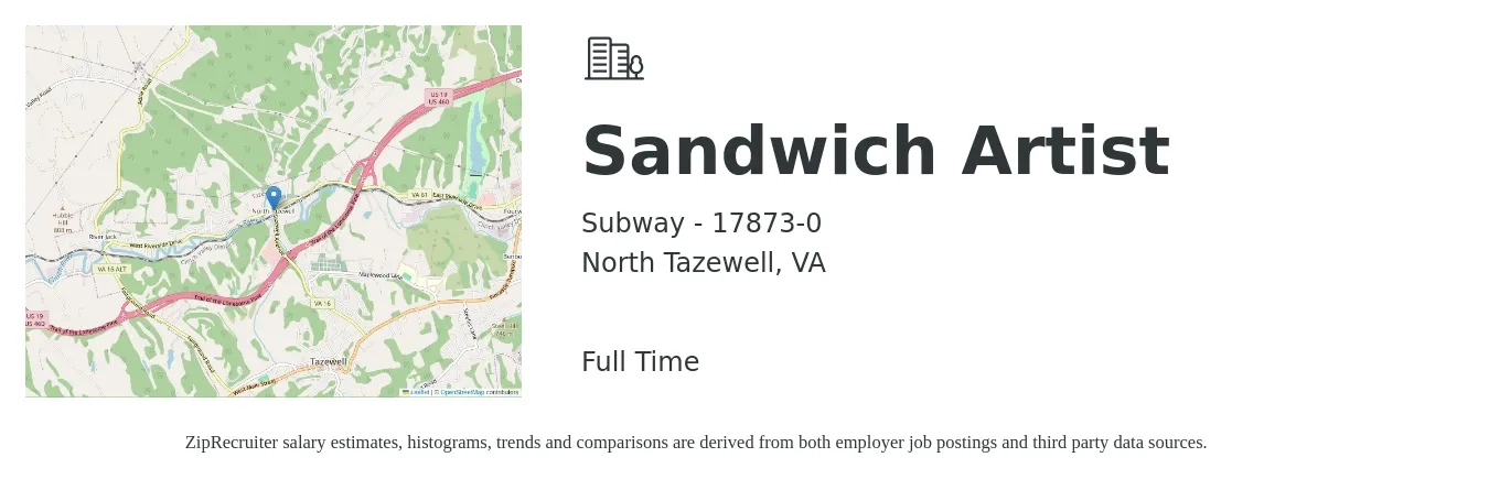 Subway - 17873-0 job posting for a Sandwich Artist in North Tazewell, VA with a salary of $10 to $13 Hourly with a map of North Tazewell location.