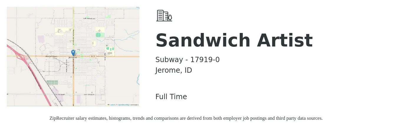 Subway - 17919-0 job posting for a Sandwich Artist in Jerome, ID with a salary of $10 to $13 Hourly with a map of Jerome location.