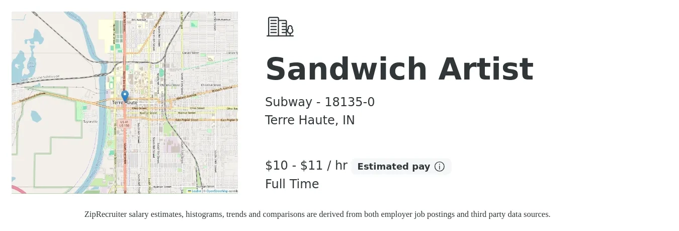Subway - 18135-0 job posting for a Sandwich Artist ® in Terre Haute, IN with a salary of $10 to $12 Hourly with a map of Terre Haute location.