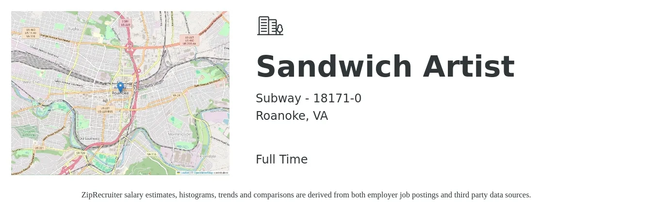Subway - 18171-0 job posting for a Sandwich Artist in Roanoke, VA with a salary of $11 to $14 Hourly with a map of Roanoke location.