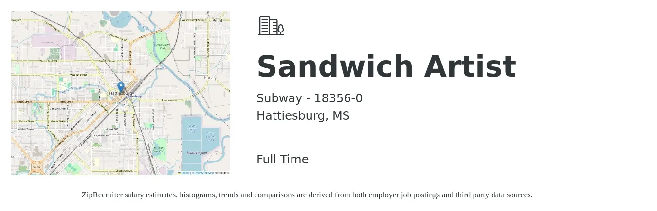 Subway - 18356-0 job posting for a Sandwich Artist in Hattiesburg, MS with a salary of $10 to $12 Hourly with a map of Hattiesburg location.