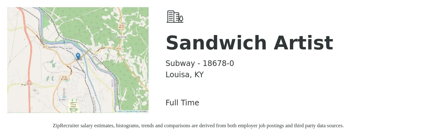 Subway - 18678-0 job posting for a Sandwich Artist in Louisa, KY with a salary of $10 to $12 Hourly with a map of Louisa location.