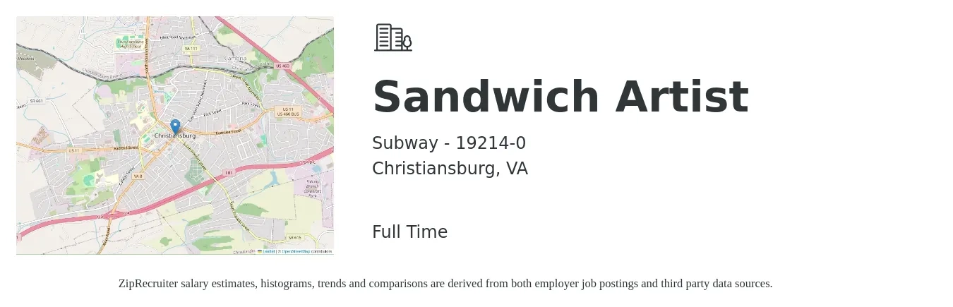 Subway - 19214-0 job posting for a Sandwich Artist in Christiansburg, VA with a salary of $10 to $13 Hourly with a map of Christiansburg location.