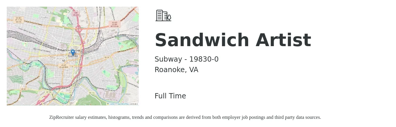 Subway - 19830-0 job posting for a Sandwich Artist in Roanoke, VA with a salary of $11 to $14 Hourly with a map of Roanoke location.