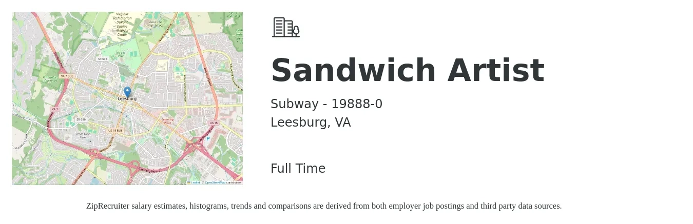 Subway - 19888-0 job posting for a Sandwich Artist in Leesburg, VA with a salary of $12 to $15 Hourly with a map of Leesburg location.