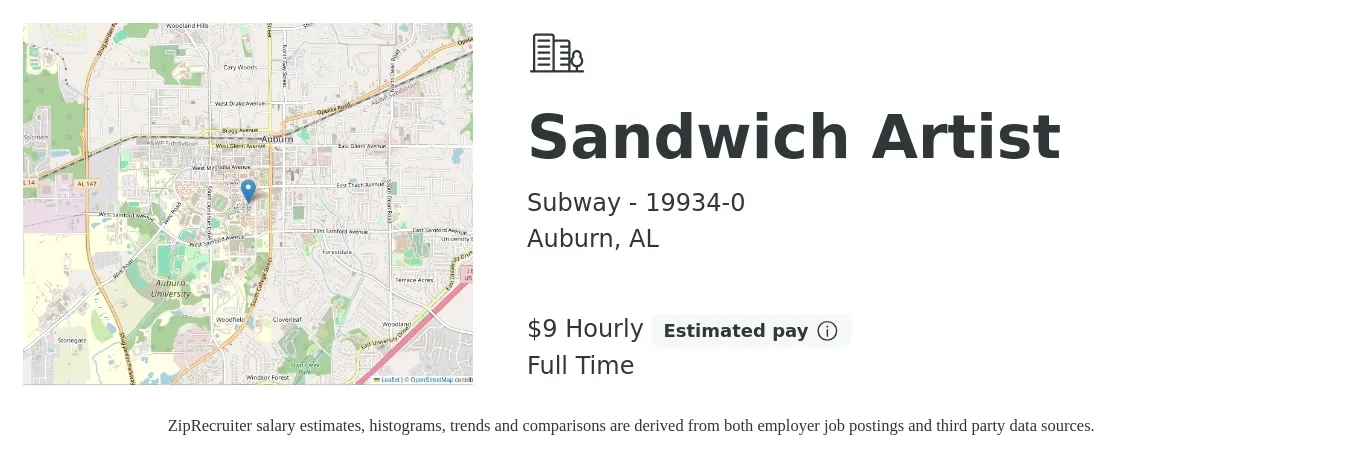 Subway - 19934-0 job posting for a Sandwich Artist in Auburn, AL with a salary of $10 Hourly with a map of Auburn location.