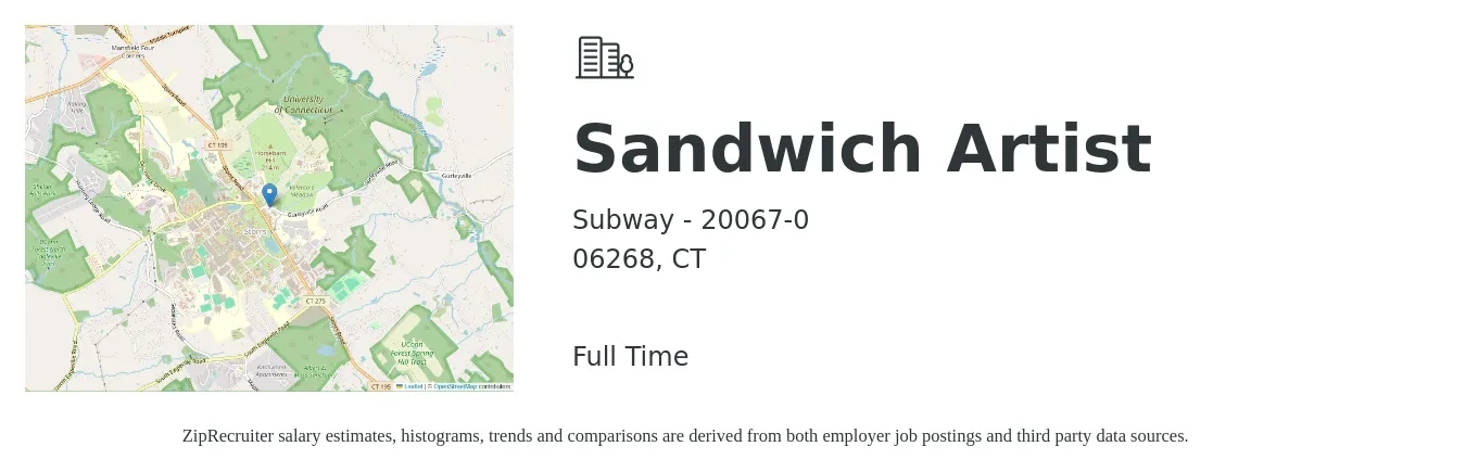Subway - 20067-0 job posting for a Sandwich Artist in 06268, CT with a salary of $12 to $14 Hourly with a map of 06268 location.