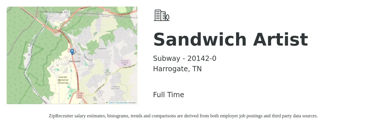 Subway - 20142-0 job posting for a Sandwich Artist in Harrogate, TN with a salary of $9 to $12 Hourly with a map of Harrogate location.