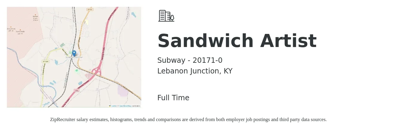 Subway - 20171-0 job posting for a Sandwich Artist in Lebanon Junction, KY with a salary of $10 to $13 Hourly with a map of Lebanon Junction location.