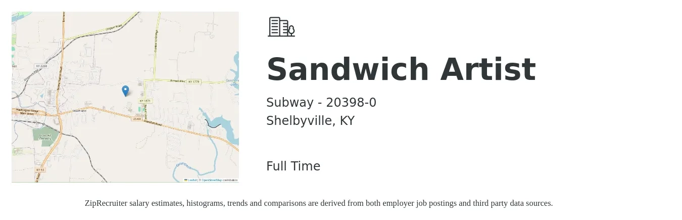 Subway - 20398-0 job posting for a Sandwich Artist in Shelbyville, KY with a salary of $10 to $13 Hourly with a map of Shelbyville location.
