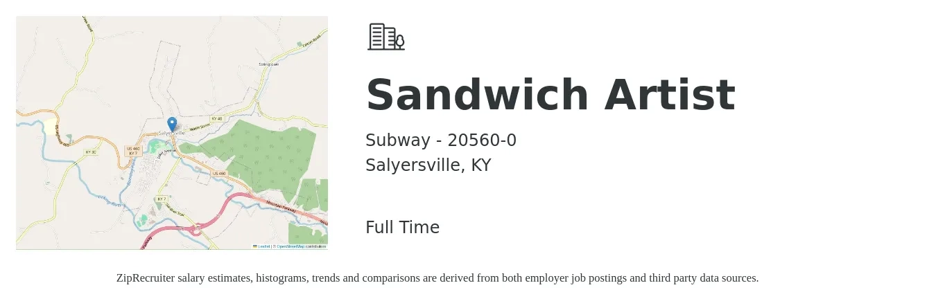 Subway - 20560-0 job posting for a Sandwich Artist in Salyersville, KY with a salary of $11 to $14 Hourly with a map of Salyersville location.