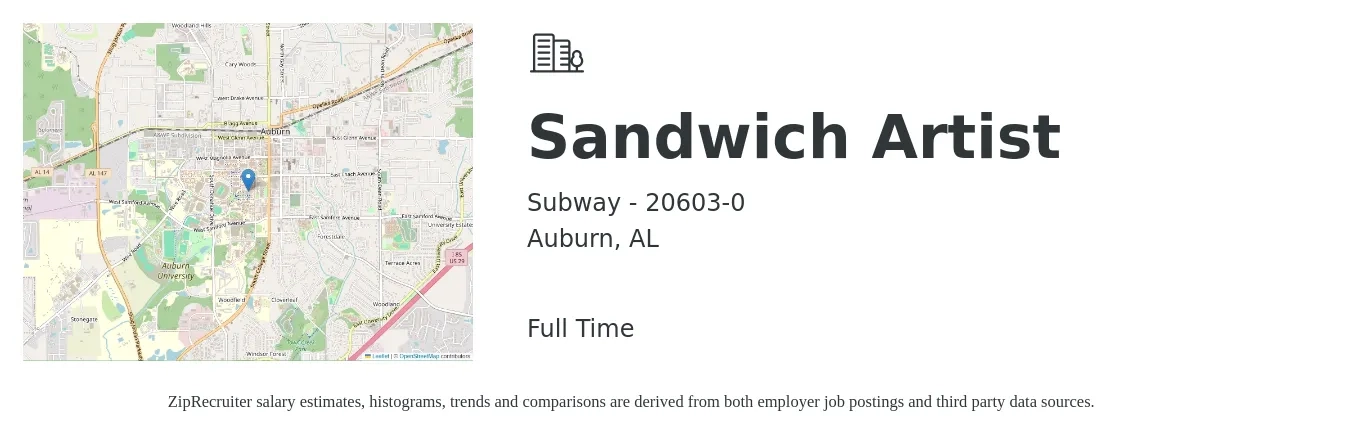 Subway - 20603-0 job posting for a Sandwich Artist in Auburn, AL with a salary of $9 to $12 Hourly with a map of Auburn location.