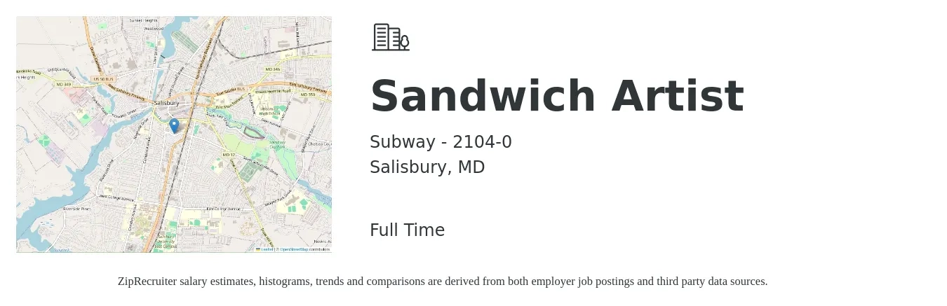 Subway - 2104-0 job posting for a Sandwich Artist in Salisbury, MD with a salary of $11 to $14 Hourly with a map of Salisbury location.