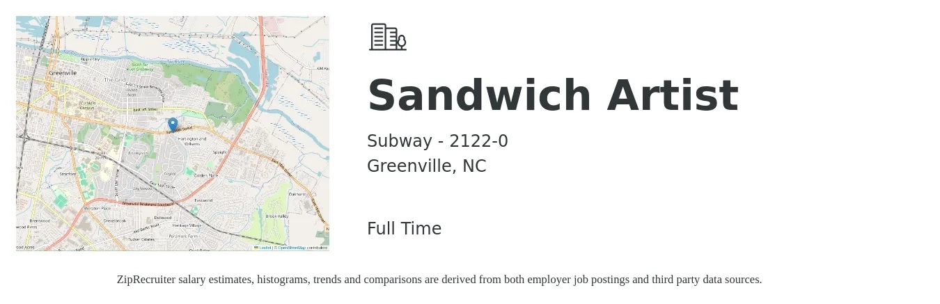 Subway - 2122-0 job posting for a Sandwich Artist in Greenville, NC with a salary of $11 to $14 Hourly with a map of Greenville location.