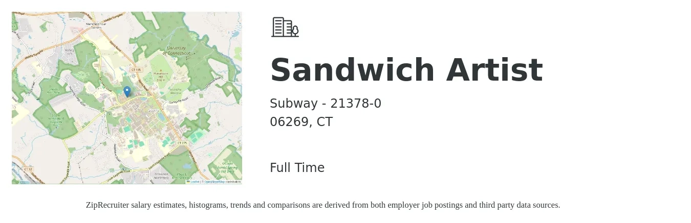 Subway - 21378-0 job posting for a Sandwich Artist in 06269, CT with a salary of $12 to $14 Hourly with a map of 06269 location.