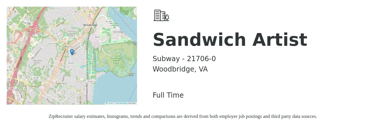 Subway - 21706-0 job posting for a Sandwich Artist in Woodbridge, VA with a salary of $11 to $14 Hourly with a map of Woodbridge location.