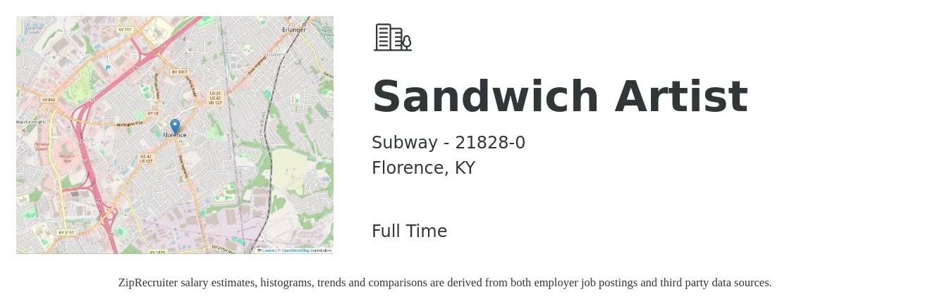 Subway - 21828-0 job posting for a Sandwich Artist in Florence, KY with a salary of $11 to $14 Hourly with a map of Florence location.