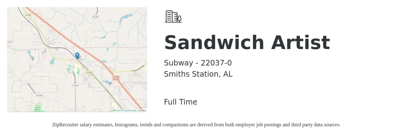 Subway - 22037-0 job posting for a Sandwich Artist in Smiths Station, AL with a salary of $8 to $10 Hourly with a map of Smiths Station location.