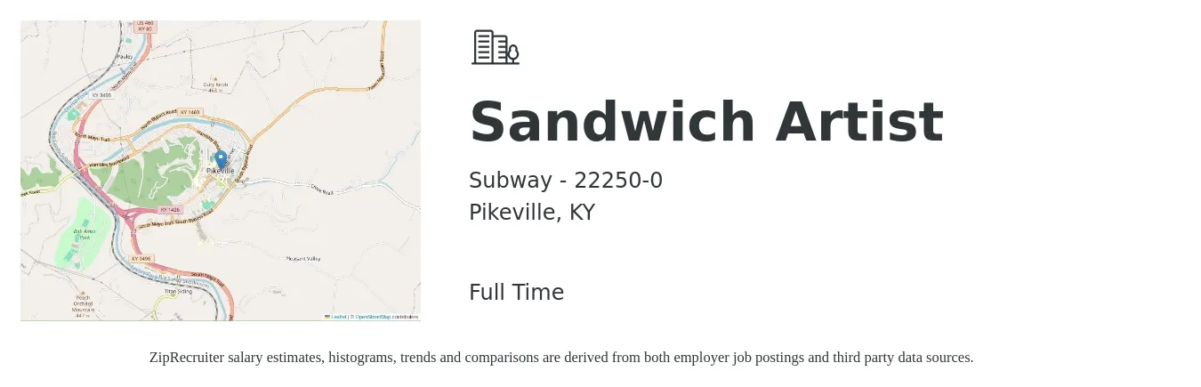 Subway - 22250-0 job posting for a Sandwich Artist in Pikeville, KY with a salary of $11 to $13 Hourly with a map of Pikeville location.
