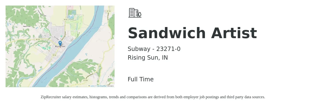 Subway - 23271-0 job posting for a Sandwich Artist in Rising Sun, IN with a salary of $10 to $13 Hourly with a map of Rising Sun location.