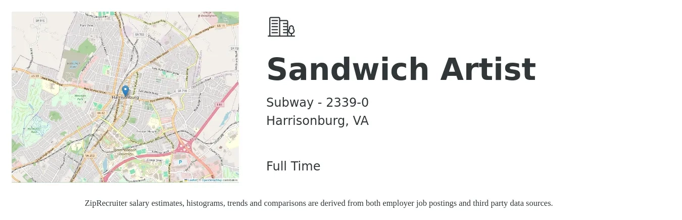 Subway - 2339-0 job posting for a Sandwich Artist in Harrisonburg, VA with a salary of $10 to $13 Hourly with a map of Harrisonburg location.