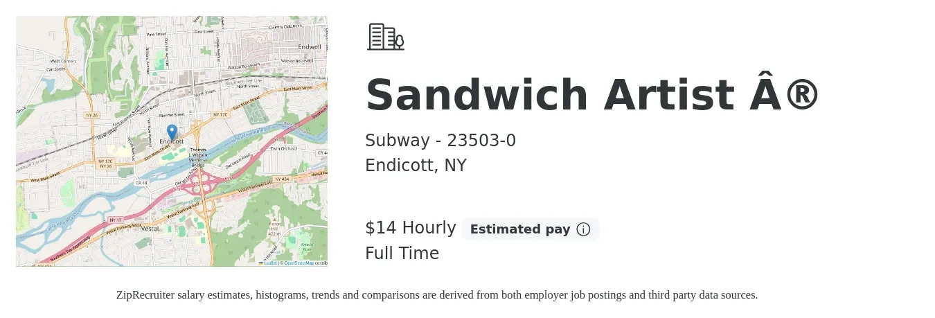 Subway - 23503-0 job posting for a Sandwich Artist ® in Endicott, NY with a salary of $15 Hourly with a map of Endicott location.