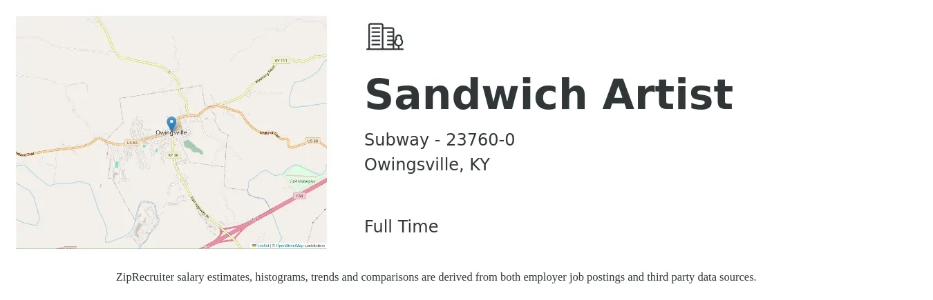 Subway - 23760-0 job posting for a Sandwich Artist in Owingsville, KY with a salary of $9 to $12 Hourly with a map of Owingsville location.
