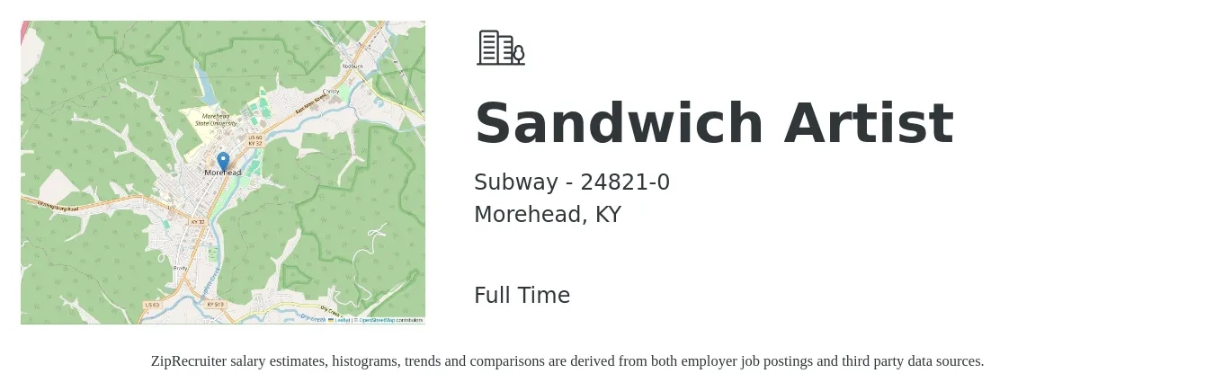 Subway - 24821-0 job posting for a Sandwich Artist in Morehead, KY with a salary of $10 to $12 Hourly with a map of Morehead location.