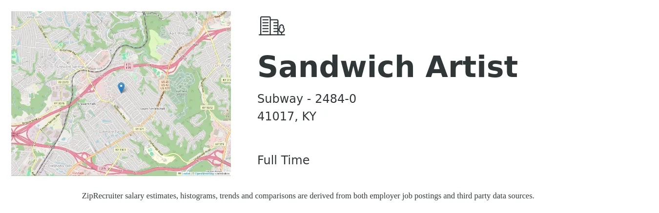 Subway - 2484-0 job posting for a Sandwich Artist in 41017, KY with a salary of $11 to $13 Hourly with a map of 41017 location.