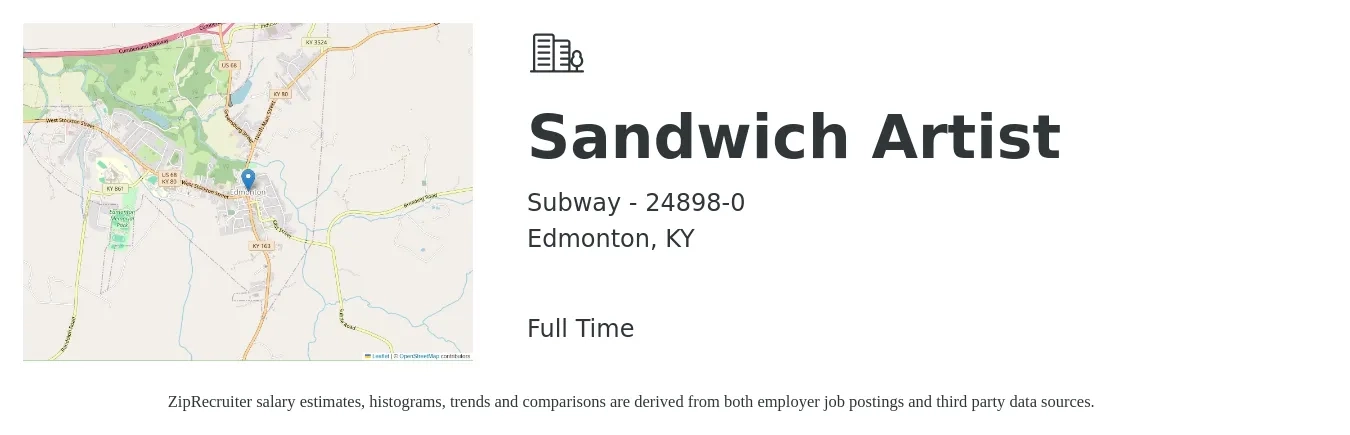 Subway - 24898-0 job posting for a Sandwich Artist in Edmonton, KY with a salary of $10 to $12 Hourly with a map of Edmonton location.