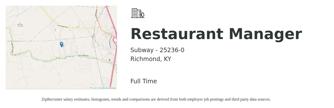 Subway - 25236-0 job posting for a Restaurant Manager in Richmond, KY with a salary of $36,300 to $51,300 Yearly with a map of Richmond location.
