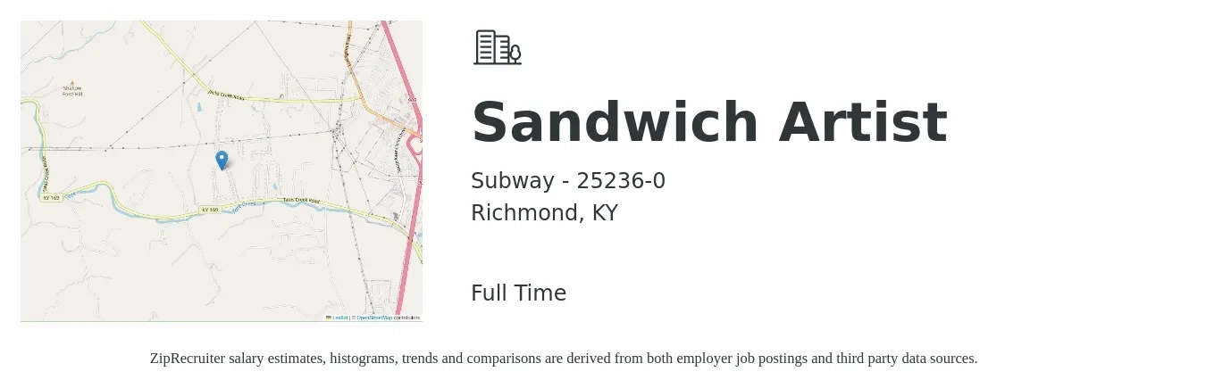 Subway - 25236-0 job posting for a Sandwich Artist in Richmond, KY with a salary of $9 to $11 Hourly with a map of Richmond location.