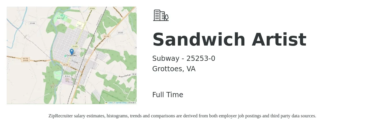 Subway - 25253-0 job posting for a Sandwich Artist in Grottoes, VA with a salary of $10 to $13 Hourly with a map of Grottoes location.