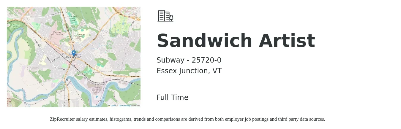 Subway - 25720-0 job posting for a Sandwich Artist in Essex Junction, VT with a salary of $12 to $14 Hourly with a map of Essex Junction location.