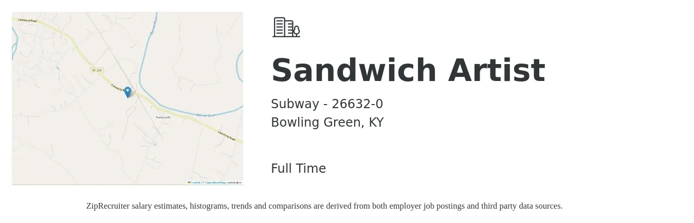Subway - 26632-0 job posting for a Sandwich Artist in Bowling Green, KY with a salary of $11 to $14 Hourly with a map of Bowling Green location.