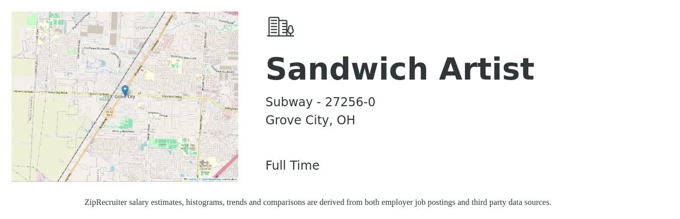 Subway - 27256-0 job posting for a Sandwich Artist in Grove City, OH with a salary of $10 to $13 Hourly with a map of Grove City location.
