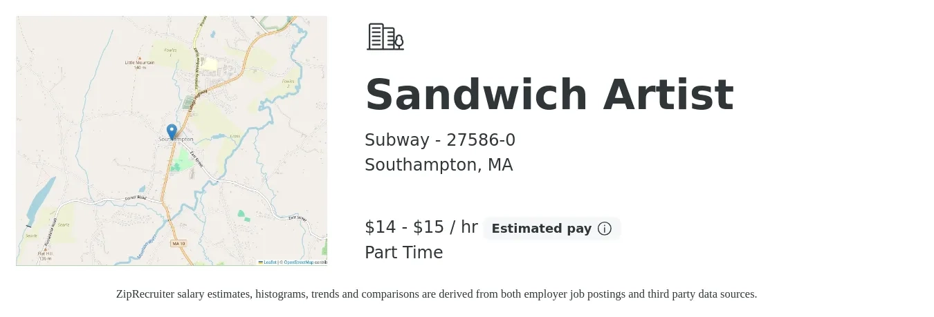Subway - 27586-0 job posting for a Sandwich Artist in Southampton, MA with a salary of $16 to $16 Hourly with a map of Southampton location.