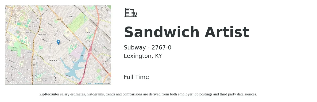 Subway - 2767-0 job posting for a Sandwich Artist in Lexington, KY with a salary of $10 to $12 Hourly with a map of Lexington location.