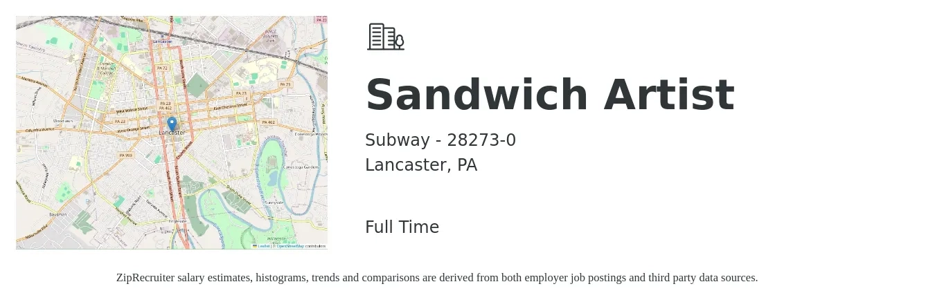 Subway - 28273-0 job posting for a Sandwich Artist in Lancaster, PA with a salary of $11 to $14 Hourly with a map of Lancaster location.